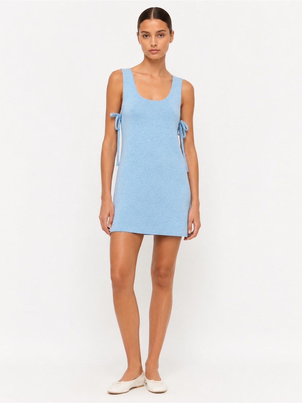 Club Monaco Light Blue Cotton Knit Mini Dress XS Side Tie Sleeveless Shift Dress
